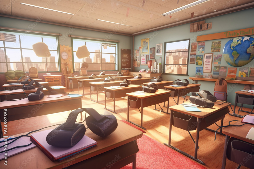 Virtual reality school classroom with immersive learning experiences