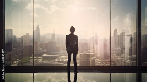Mulher de negócios em pé em frente uma janela grande em um arranha céu © Alexandre