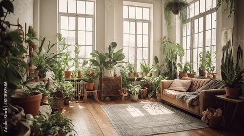 Biophilic interior of living room with huge windows and lots on plants and natural. light  neural