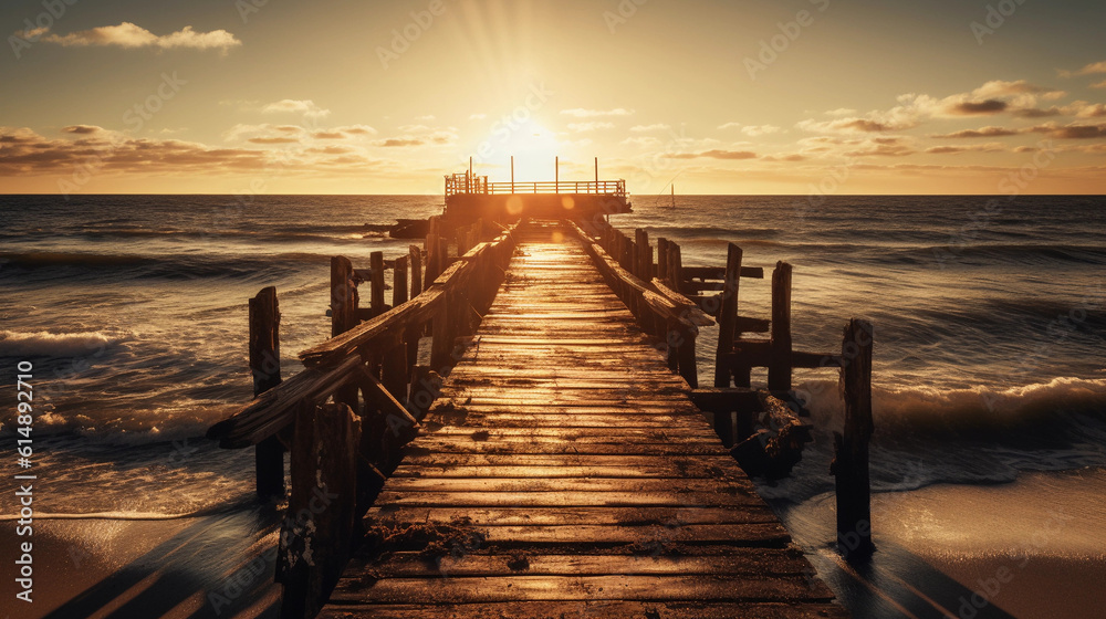Fototapeta premium An pier stretching into the horizon, illuminated by golden sunlight