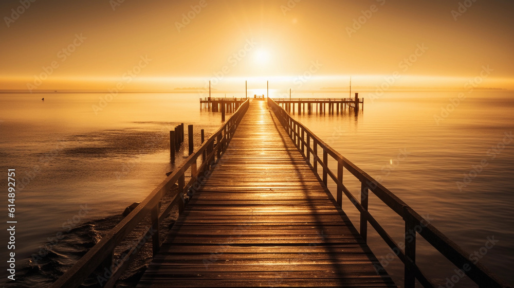 An pier stretching into the horizon, illuminated by golden sunlight