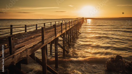 An pier stretching into the horizon  illuminated by golden sunlight