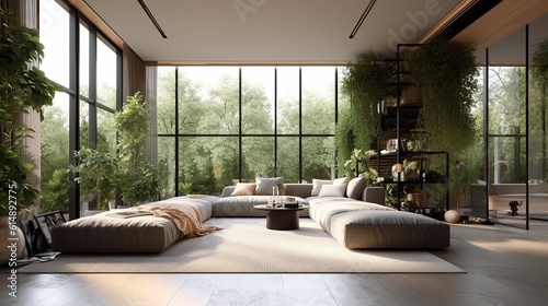 Biophilic Living room with expansive windows  assortment of plants  natural light  and eco-conscious materials  neural