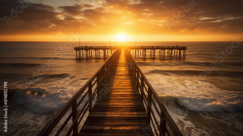 An pier stretching into the horizon, illuminated by golden sunlight © Milan