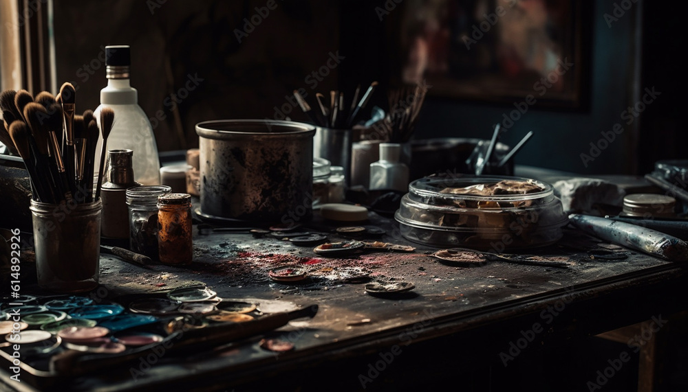Rustic workshop: A messy collection of tools and materials for crafting generated by AI Rustic workshop: A messy collection of tools and materials for crafting generated by AI