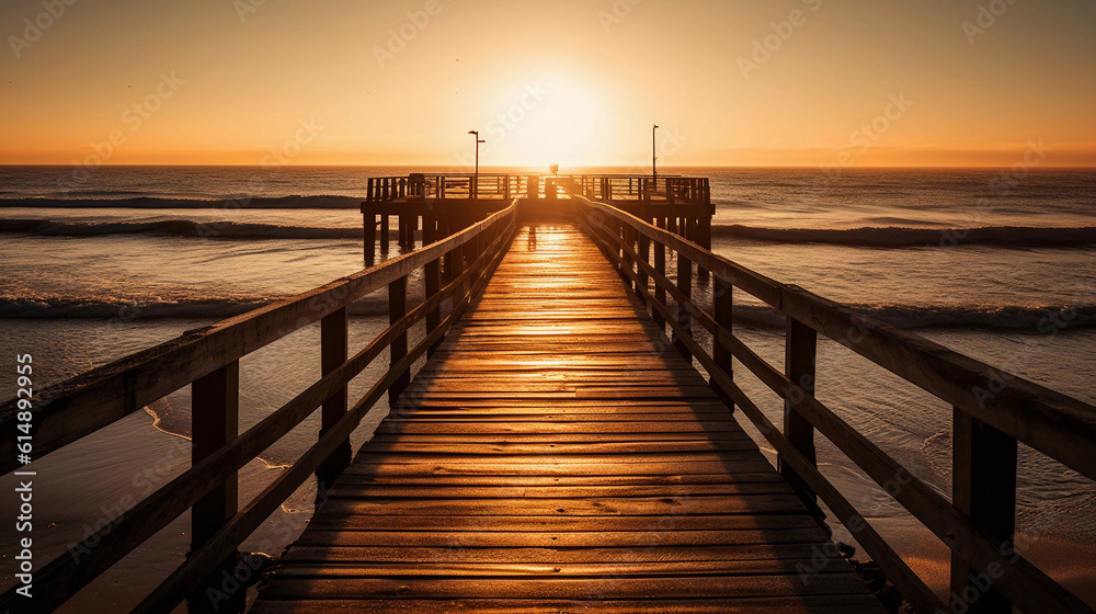 An pier stretching into the horizon, illuminated by golden sunlight