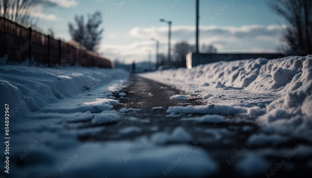 The icy winter landscape vanishes into the tranquil dusk sky generated by AI The icy winter landscape vanishes into the tranquil dusk sky generated by AI