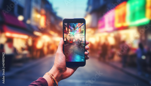 City life illuminated by modern technology, capturing nightlife with smartphone generated by AI