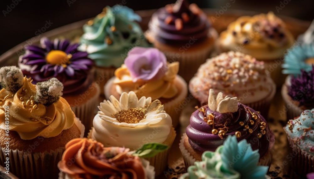 Celebration of indulgence: gourmet cupcakes with ornate decorations and fresh flowers generated by AI