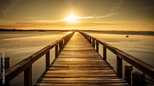 An pier stretching into the horizon  illuminated by golden sunlight