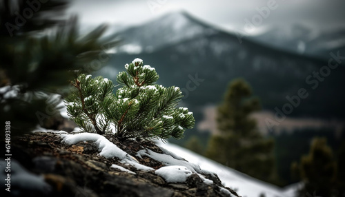 Evergreen coniferous trees stand tall in snowy mountain landscape generated by AI
