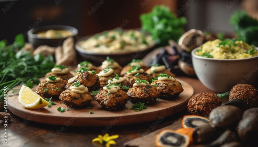 A gourmet grilled meat appetizer with fresh vegetables and herbs generated by AI A gourmet grilled meat appetizer with fresh vegetables and herbs generated by AI