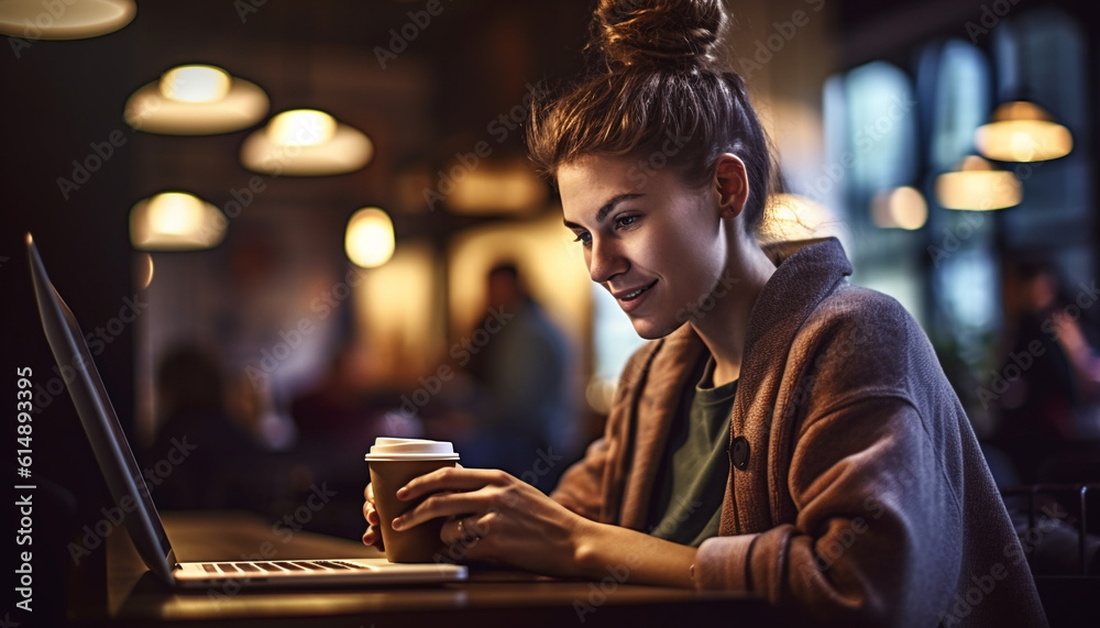 One young woman sitting indoors at coffee shop, using laptop generated by AI