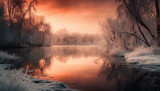 A tranquil winter scene: snow covered trees reflected in icy water generated by AI
