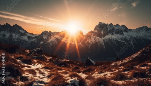 Majestic mountain range at sunset, a tranquil scene of beauty generated by AI