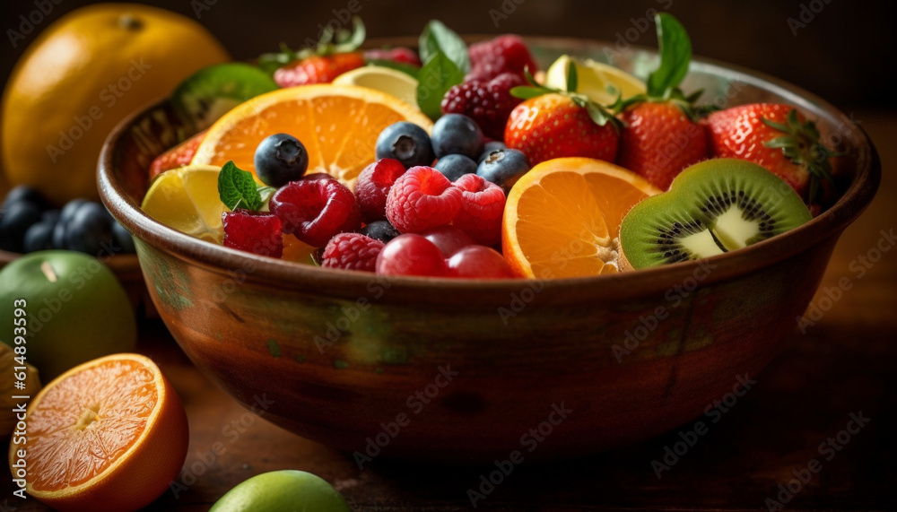 A rustic fruit bowl with juicy, ripe berries and citrus generated by AI A rustic fruit bowl with juicy, ripe berries and citrus generated by AI