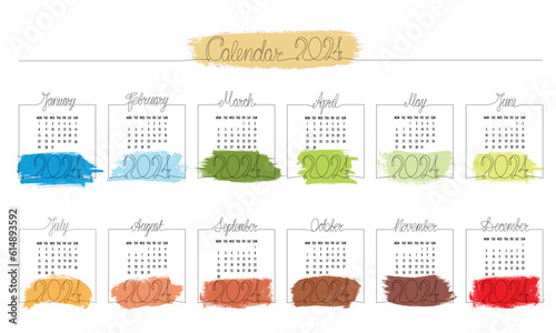 2024 year hand draw month calendar with brush strokes. Vector stock illustration isolated on white background for social media template, print industry or design photo album. Editable stroke.
