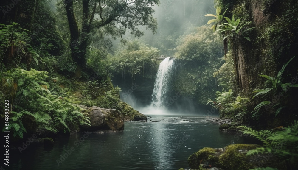 Fototapeta premium Tranquil scene of a tropical rainforest with flowing water motion generated by AI