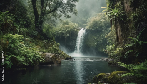Tranquil scene of a tropical rainforest with flowing water motion generated by AI