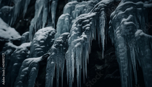 Frozen icicles hang from the tree, a tranquil winter scene generated by AI