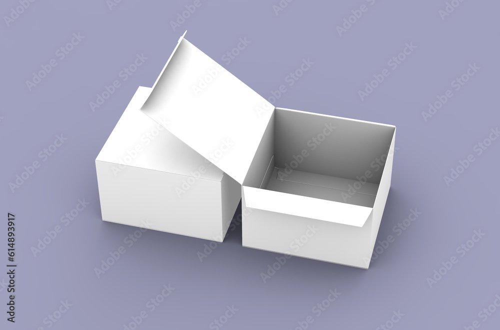 Opened square product box packaging mockup for brand advertising on a clean background. Opened square product box packaging mockup for brand advertising on a clean background.