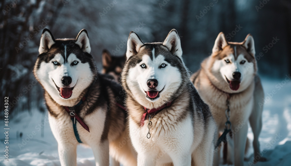 Purebred malamute leads sled dog team through snowy arctic forest generated by AI