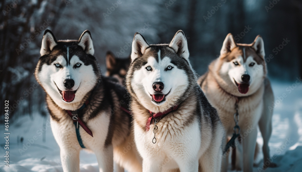 Purebred malamute leads sled dog team through snowy arctic forest generated by AI Purebred malamute leads sled dog team through snowy arctic forest generated by AI