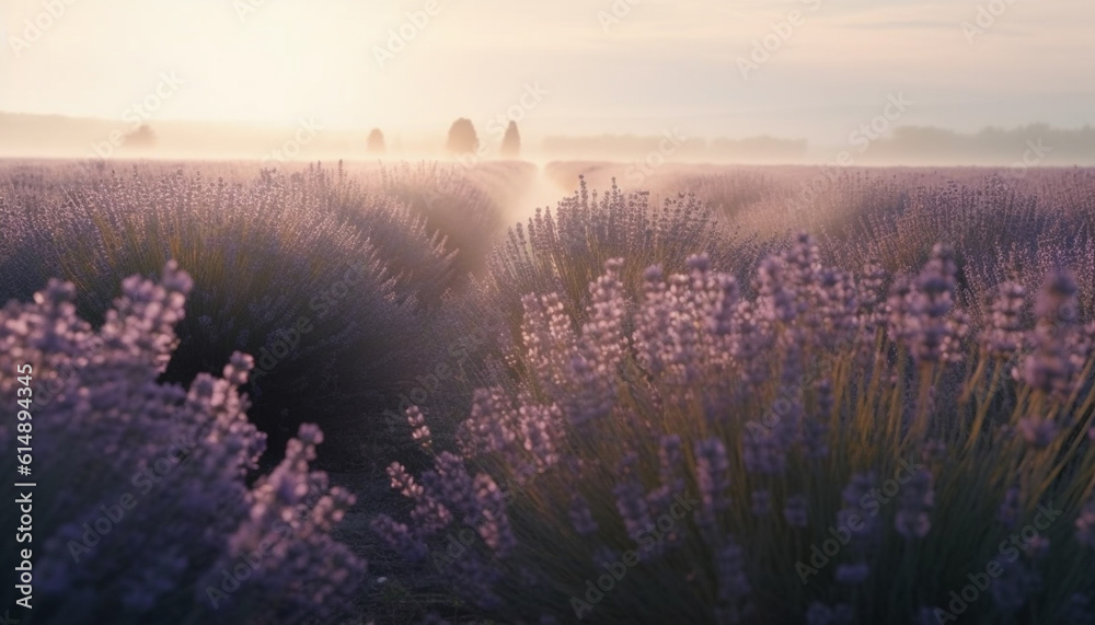 A tranquil scene of a purple meadow at dawn generated by AI