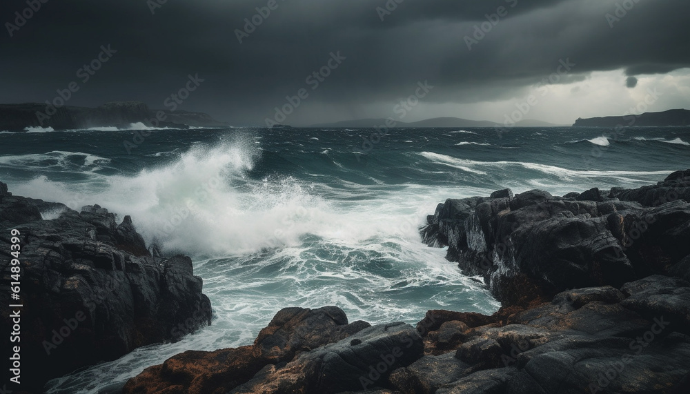 Breaking waves crash against rocky coastline, creating dramatic seascape beauty generated by AI