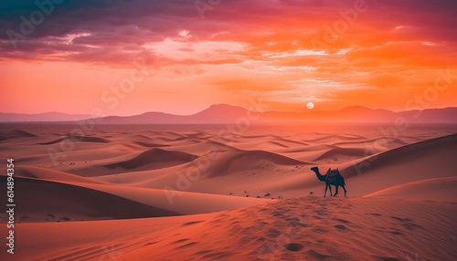 A majestic camel treks through arid terrain at sunset generated by AI
