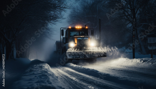 A bulldozer clears snow, working through the night in winter generated by AI