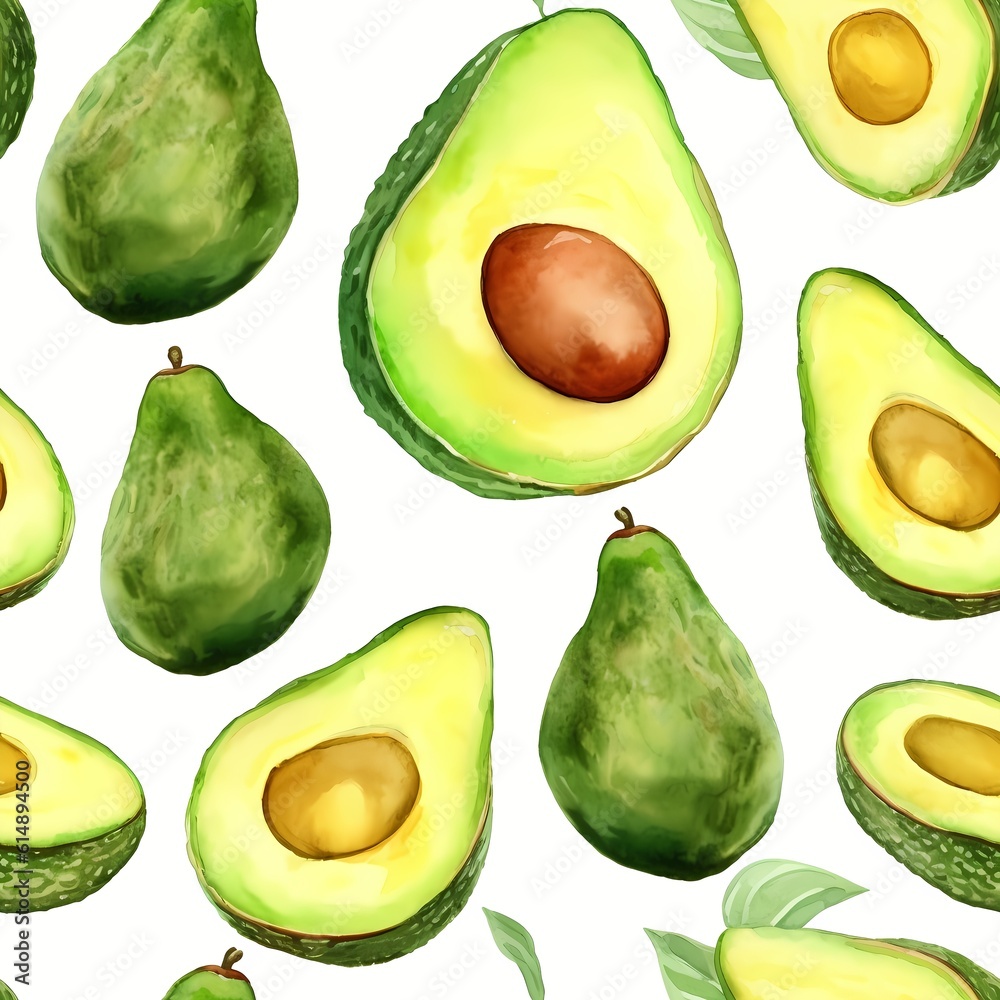 Seamless watercolor pattern with avocado on the white background Generative AI Seamless watercolor pattern with avocado on the white background Generative AI