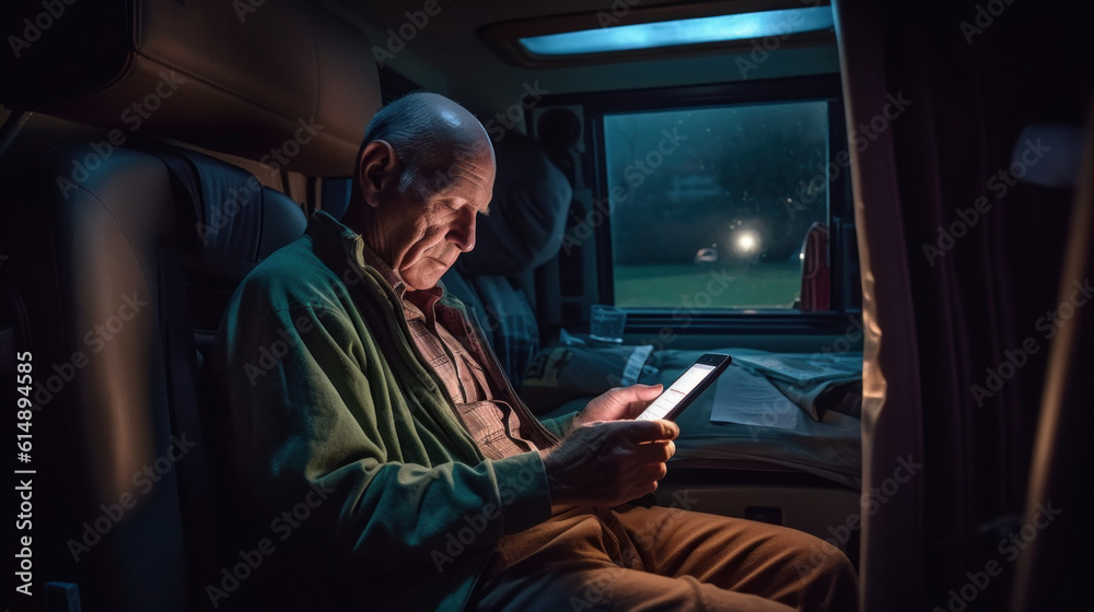  Senior mature traveler holding smartphone enjoying free internet or checking rentals in camping at night created with generative AI technology