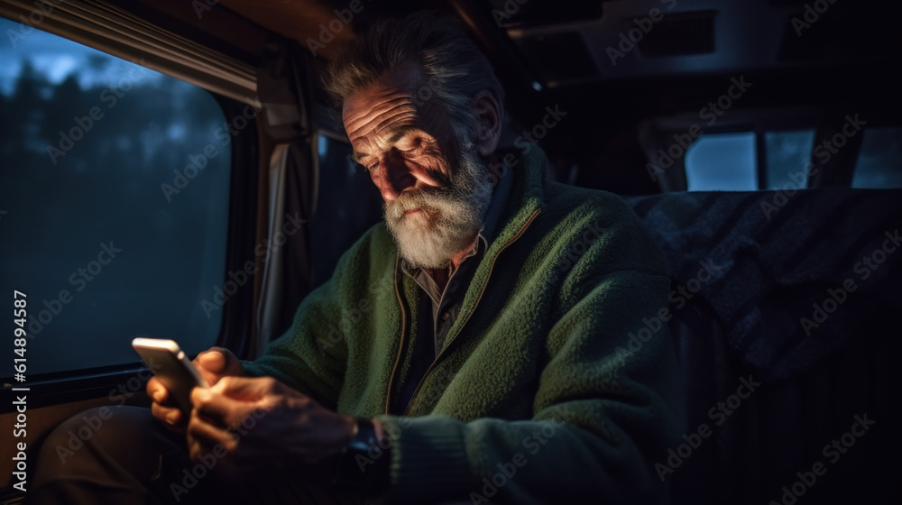 Senior mature traveler holding smartphone enjoying free internet or checking rentals in camping at night created with generative AI technology Senior mature traveler holding smartphone enjoying free internet or checking rentals in camping at night created with generative AI technology