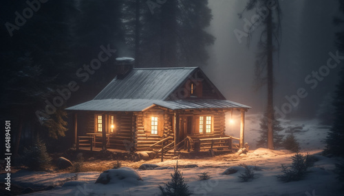 Fotografie, Obraz In the dark winter night, the spooky old hut illuminates generated by AI