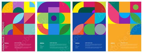 Abstract geometric bauhaus shapes combination 2024 Happy New Year poster set. Graphic retro style celebration decoration patterns. Modern trendy paintings. Colorful vintage simple vector eps prints