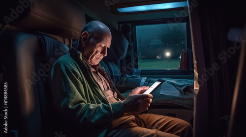  Senior mature traveler holding smartphone enjoying free internet or checking rentals in camping at night created with generative AI technology © Neuroshock