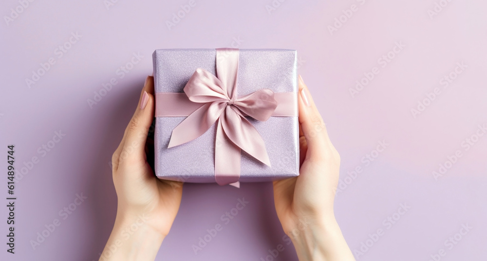 Woman's hands holding gift or present box on pink pastel background, top view. Generative AI Woman's hands holding gift or present box on pink pastel background, top view. Generative AI