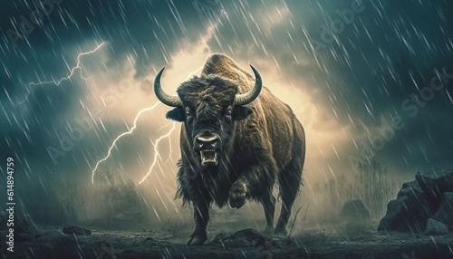 Buffalo in a storm lightning