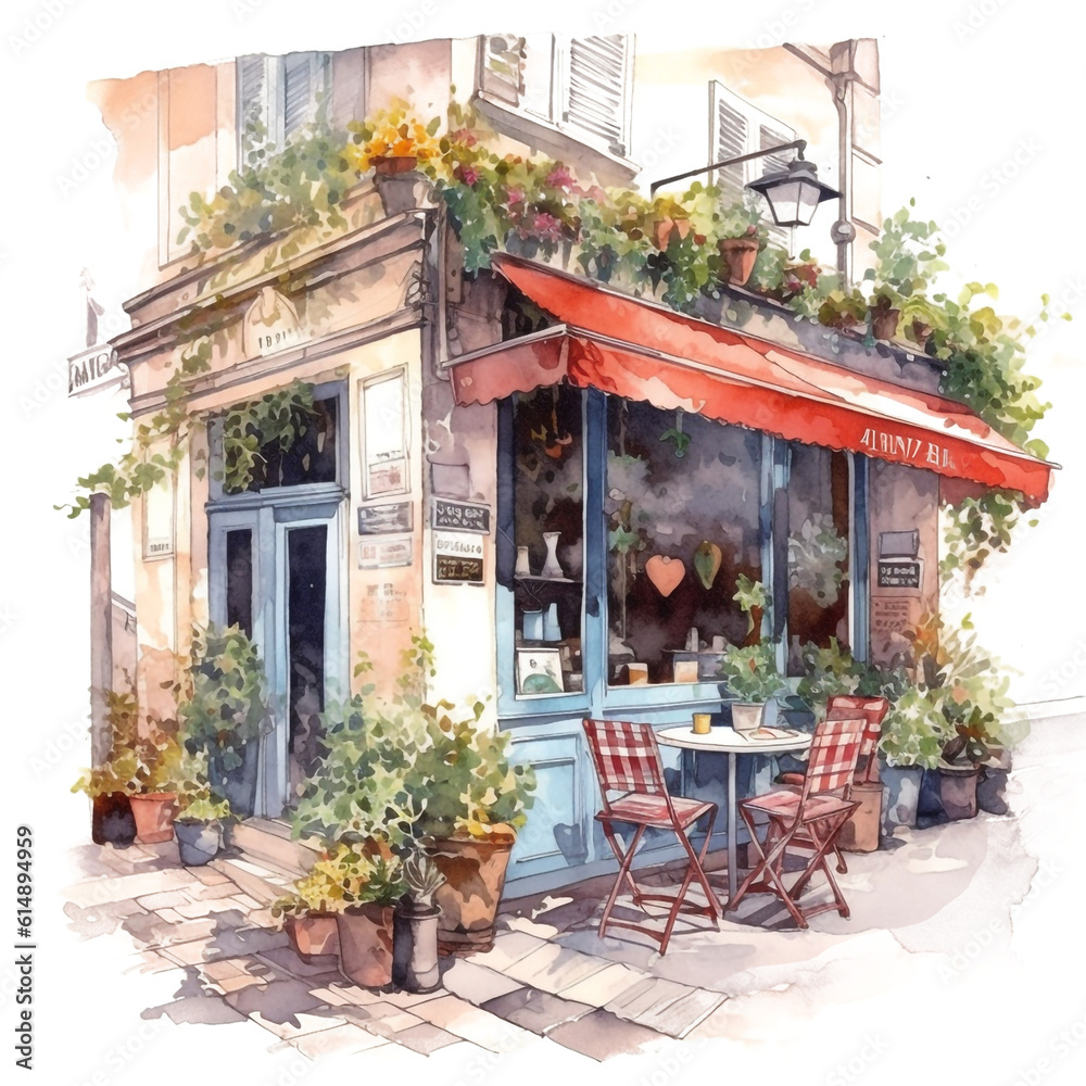 watercolor painting french cozy café store front isolated on a white background made with AI generative technology