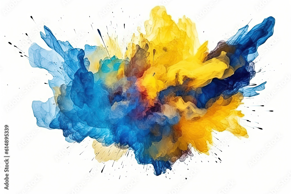 Splashes of blue and yellow paint. Ukraine. generative AI