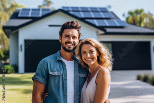 Couple stands smiling in the driveway of a house with solar panels installed. Concept solar renewable energy. Generative AI