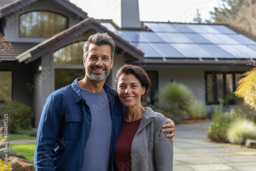 Couple stands smiling in the driveway of a house with solar panels installed. Concept solar renewable energy. Generative AI © bluebeat76