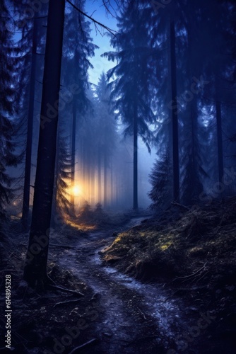 A misty and mysterious forest at night. AI generated