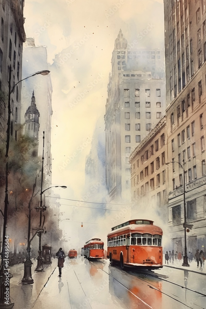 Atmospheric watercolor painting of a foggy city day. AI generated Stock ...