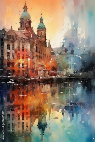 Watercolor reflection of city on a riverbank. AI generated