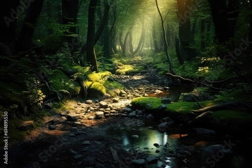 Magical beautiful forest with penetrating sunbeams. Nature and landscape beauty concept. Generative Ai  Ai.