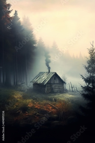 A misty forest with a cabin in the distance. AI generated