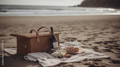 A romantic beach picnic scene with a blanket, a basket full of goodies, and a bottle of champagne
