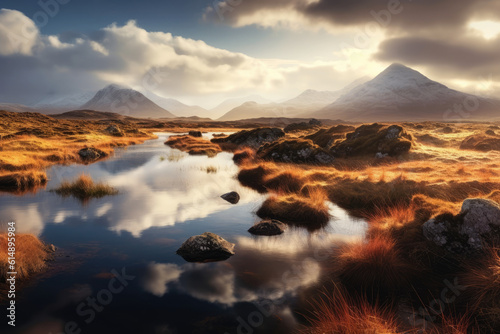 Captivating reflections adorn the serene landscape of Highlands, creating a tranquil and picturesque scene. Generative Ai, Ai.